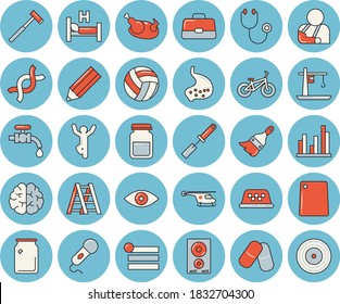 Thin line blue tinted icon set - ladder flat vector, paint brush, ax, kitchen spatula, cutting board, induction cooker, chicken, water tap, crane, glass bottles, pills, stethoscope, briefcase, DNA