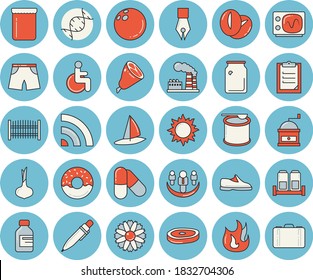 Leuchtend blauer, getönter Ikonensatz - Zaun, flacher Vektorgrafik, Kaffeemühle, Feuer, Gewürz, Zwiebel, Donut, Schinken, Chop, Bohnen, Marmelade, Blume, Sonne, Fabrik, Glasflaschen, Durchstechflasche, deaktiviert, Beschneidungspfad, Tinte, DNA
