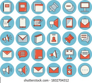 Thin line blue tinted icon set - billboard flat vector, mouthpiece, chat, notebook, sticker, mail, hostory roll, pushpin, indentity card, do not disturb, message, envelope, mobile