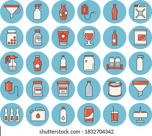 Juego de íconos de color azul claro - vectores planos de especias, ketchup, limonada, vino, soda, mostaza, pulverizador, bote de vidrio, embudo, vial, calentador médico, ampolla, vitaminas, proteínas, esteroides