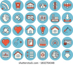 Juego de íconos de tintado azul de línea delgada - vectores planos casa, soldadura, tierra, informe gráfico, efectivo, dólar, equipo, máquina, corazón, gráfico de computadora, satélite, crema de protección solar, aletas, menú, difusión