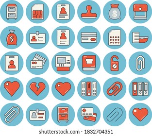 Thin line blue tinted icon set - cookbook flat vector, SIM card, credit, wealth, heart, clip, badge, archive, folders for papers, indentity, hotel first line, cash dispenser, do not disturb, stamp