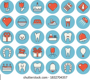 Thin line blue tinted icon set - cauldron flat vector, cake, horseshoe, tulip, present, heart, virus, tooth, caries, dental crowns, office worker, balloon, surfing, aquapark, pets allowed, taxi