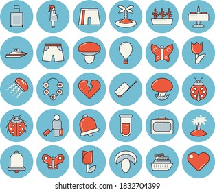 Thin line blue tinted icon set - mushroom flat vector, ladybird, tulip, seedlings, butterflies, blood test, gestation, athletic shorts, balloon, luggage, suitcase, island, hawaiian wreath, yacht