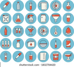 Juego de íconos de tintado de color azul delgado - cauldron vectorial plano, taza de emasplante, temperatura, salsa, limonada, cóctel, soda, café, pulverizador, gota, bote de vidrio, embudo, pipeta, análisis de sangre