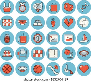 Thin line blue tinted icon set - concrete mixer flat vector, house layout, tile, flooring, watermelon, dish, coffee beans, carrot, tea, pineapple, metallurgy, dna, medal, basketball, escalator