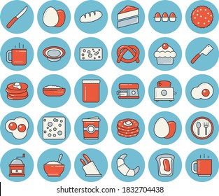 Thin line blue tinted icon set - cake flat vector, knives, coffee grinder, toaster, machine, egg, table setting, pancakes, bagel, croissant, cheese, bread, dish, porridge, coffe, tea, scrambled eggs