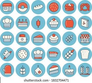 Thin line blue tinted icon set - cake flat vector, cook hat, potholder, rolling pin, toaster, flour, groats, ear, biscuit, pancakes, bagel, bread, cupcake, piece of, donut, store front