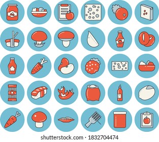 Thin line blue tinted icon set - flour flat vector, groats, spaghetti, ketchup, legumes, lemon, cheese, on a fork, mushroom, salad, coffee beans, garlic, hot peppers, sashimi, jam, cranberry, carrot