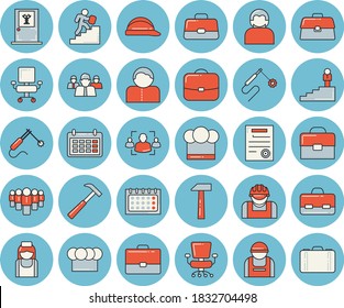 Thin line blue tinted icon set - hard hat flat vector, hammer, cook, construction worker, welding, case, team, calendar, briefcase, nurse, recruitment, office chair, contract, career ladder, doctor