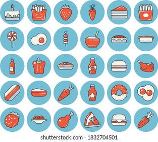 Thin line blue tinted icon set - ketchup flat vector, spaghetti, hamburger, hot dog, pizza, piece of cake, donut, porridge, pie, chicken, lollipop, carrot, bell pepper, French fries, scrambled eggs