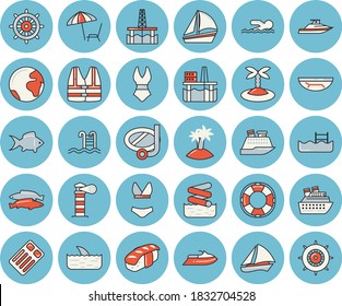 Thin line blue tinted icon set - sashimi flat vector, fish, oil production platform, lighthouse, sailboat, swimsuit, swimming, pool, earth, sea beach, chaise lounge, island, mask, aquapark, lifebuoy