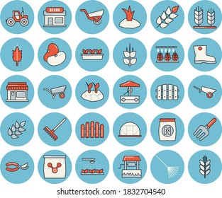 Thin line blue tinted icon set - wheelbarrow flat vector, ear, legumes, fertilizer vectory, well, grain warehouse, tractor, sprinkling machine, pitchfork, fence, secateurs, rake, planting plants