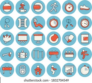 Juego de íconos de tintado azul de línea delgada - cronómetro vectorial plano, rotafolios, gráfico, reunión, tormentas de ideas, peso, zapatillas, cuerda de salto, expansor carpiano, barras paralelas, equipo deportivo caballo, bola de tenis