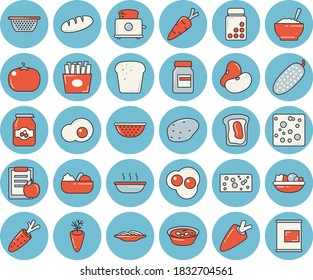 Thin line blue tinted icon set - colander flat vector, toaster, potato, legumes, carrot, cheese, bread, spaghetti, salad, soup, porridge, tomato, cucumber, French fries, scrambled eggs, jam, diet