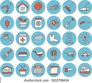 Thin line blue tinted icon set - wheelbarrow flat vector, seeds, windmill, ear, fertilizer vectory, home plant, pickup truck, tree, grain warehouse, tractor, pitchfork, shovel, hose, saw, knife