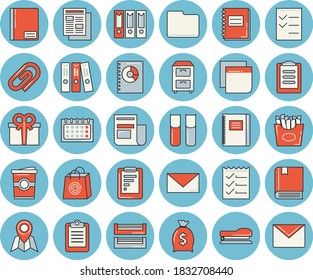 Thin line blue tinted icon set - French fries flat vector, coffe, graphic report, wealth, calendar, bags, news, book balance accounting, present, clipboard, notebook, computer file, sticker, folder