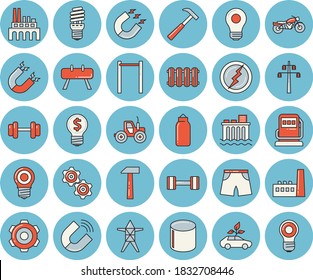 Juego de íconos de color azul delgado de línea azul - conductores de rueda plana, baterías de calefacción, martillo, tractor, repostaje, lámpara, soporte de línea de alimentación, estación hidroeléctrica, manufactura, planta, ahorro de energía, eco coches