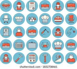 Thin line blue tinted icon set - builder flat vector, hard hat, hammer, cook, construction worker, welding, case, team, calendar, briefcase, recruitment, office chair, contract, career ladder, user