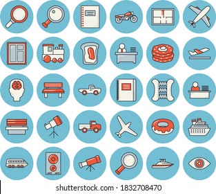 Juego de íconos de tintado azul delgado - vector plano de ventana, disposición de la casa, cocina de inducción, donut, sandwich, tortitas, camioneta, banco, lupa, trabajador de oficina, portátil, telescopio, fector cerebral, ojo