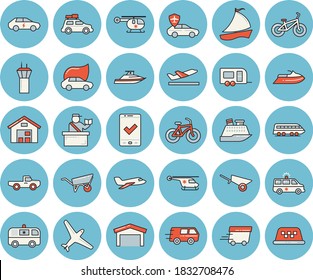 Thin line blue tinted icon set - wheelbarrow flat vector, pickup truck, eco cars, electric, autopilot, warehouse, trucking, express delivery, sailboat, ambulance, helicopter, bicycle, aircraft, car