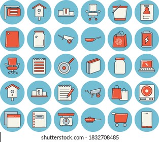 Thin line blue tinted icon set - wheelbarrow flat vector, frying pan, teflon, weighing machine, cutting board, glass jar, nesting box, bucketful, battery, bottles, grocery trolley, signboard, bags