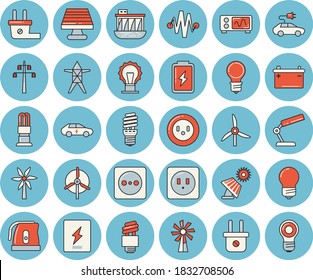 Thin line blue tinted icon set - sockets flat vector, energy saving lamp, switch box, electric kettle, windmill, battery, solar, accumulator, socket, plug, power line support, hydroelectric station