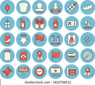 Thin line blue tinted icon set - glass jar flat vector, ketchup, ear, bread, lemonade, jam, signboard, location, flag, present, sell out, barcode, sperm, stamp, pushpin, ticket, download, badge