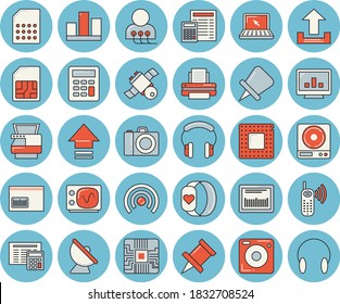 Juego de iconos de color azul claro - calculadora vector plano, pesador, antena satelital, tarjeta madre, tarjeta SIM, llamada telefónica, código de barras, diagnóstico, gráfico de computadora, estadística, impresora, copia, cpu