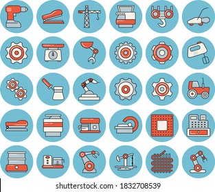 Thin line blue tinted icon set - crane flat vector, hook, cogwheel, drill screwdriver, weighing machine, turk, mixer, double boiler, coffee, food processor, tractor, lawn mower, oil pumping, cash