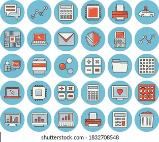 Thin line blue tinted icon set - autopilot flat vector, motherboard, scatter chart, chat, calculator, computer diagnostics of health, file, printer, copy machine, laptop, mail, cpu, security, share