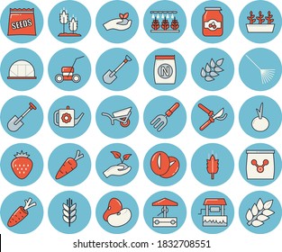 Thin line blue tinted icon set - ear flat vector, legumes, coffee beans, onion, jam, Strawberry, seeds, fertilizer, well, carrot, sprinkling machine, pitchfork, shovel, secateurs, seedlings