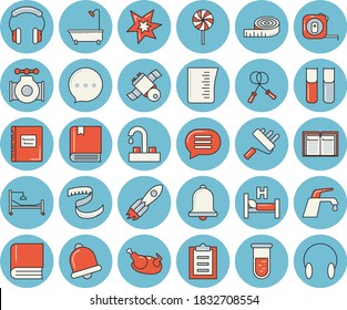 Thin line blue tinted icon set - faucet flat vector, tape measure, paint roller, shower, measuring cup, chicken, lollipop, main pipeline, rocket, blood test, clipboard, hospital bed, book, satellite