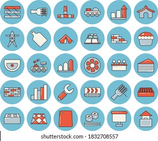Dünnlinblau getöntes Symbol-Set - Backsteinwand-Vektor, Waschbecken, Rohre, Bodenbeläge, Schneidbrett, Spaghetti auf einer Gabel, Kuchen, Kuchen, Kuchen, Fischrollen, Belüftung, Stromleitung, Förderband