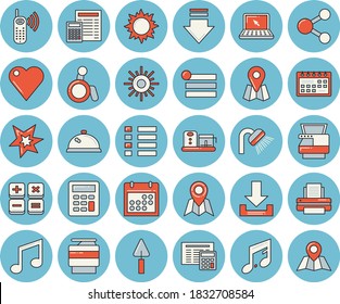 Thin line blue tinted icon set - trowel flat vector, shower, calculator, food processor, sun, location, phone call, heart, calendar, printer, copy machine, laptop, spark, disabled, jingle, share