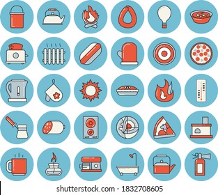 Thin line blue tinted icon set - shower flat vector, hiking pot, teapot, electric kettle, potholder, turk, fire, induction cooker, toaster, coffee machine, sausage, hot dog, pizza, soup, pie, sun