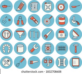 Thin line blue tinted icon set - hook flat vector, saw, fence, stationery knife, hammer, frying pan, teflon, electric kettle, whisk, toaster, table setting, horseshoe, oil tanks, canister, welding