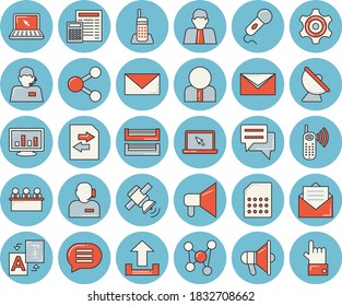 Thin line blue tinted icon set - calculator flat vector, satellite antenna, SIM card, person, cogwheel, telephone operator, phone call, chat, molecules, computer chart, meeting, paper tray, laptop