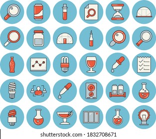 Juego de íconos de color azul claro - ventana vectorial plano, lámpara de ahorro de energía, cocina de inducción, especias, salsa, limonada, vino, invernadero, química, lupa, pipeta, análisis de sangre, análisis médico