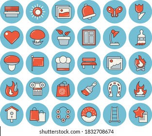 Thin line blue tinted icon set - window flat vector, paint brush, cook hat, fire, donut, mushroom, nesting box, home plant, horseshoe, ladder, tulip, butterflies, bonfire, bench, flag, bags, sun