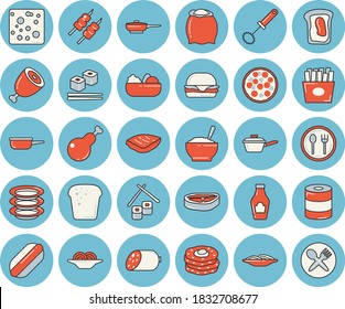Juego de íconos de color azul claro - sartén frito vectorial plano, salsa, whisk, harina, puesta de mesa, platos, chuleta, ketchup, salchicha, queso, pan, comida enlatada, espagueti, hamburguesa, perrito caliente, pizza, ensalada