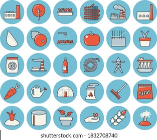 Thin line blue tinted icon set - garlic flat vector, tomato, cranberry, mustard, seeds, fertilizer, home plant, carrot, tree, sprinkling machine, hose, seedlings, rake, watering can, factory