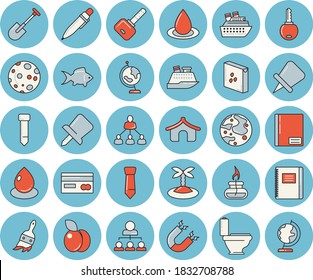 Thin line blue tinted icon set - toilet flat vector, groats, fish, plum, shovel, paint brush, drop, credit card, notebook, drawing pin, tie, hierarchy, pen, moon, gas burner, globe, magnet, tent