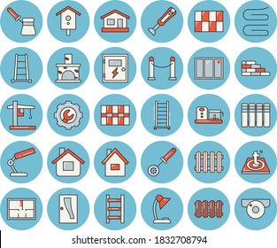 Thin line blue tinted icon set - house flat vector, brick wall, window, ladder, layout, Entrance door, tile, switch box, repair, warm floor, heating batteries, kitchen spoon, towel, turk, blender