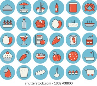 Juego de íconos tintados de color azul claro - ducha vectorial plana, molinador de café, huevo, plato, cebolla, zanahoria, tortas, bagel, pastel, pan, ensalada, sopa, chuleta, sashimi, cóctel, mermelada, ciruela, pera, mostaza, pozo