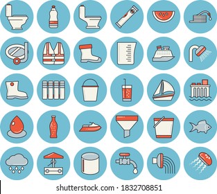 Thin line blue tinted icon set - toilet flat vector, shower, level meter, heating batteries, measuring cup, watermelon, fish, lemonade, soda, well, hose, bucketful, irrigation, gumboots, water tap