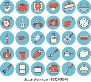 Thin line blue tinted icon set - saucepan flat vector, cauldron, hiking pot, saute, teflon, cake, weighing machine, colander, electric kettle, apron, kitchen spatula, spoon, whisk, scissors, fire