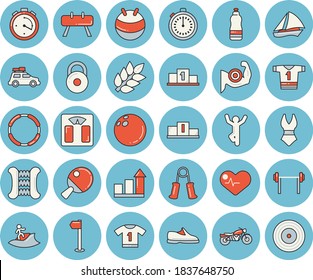 Thin line blue tinted icon set - barbell flat vector, weight, pedestal, sneakers, bowling ball, heartbeat, achievement chart, weighing machine, muscles, stopwatch, carpal expander, flag, fitball