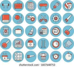 Thin line blue tinted icon set - concrete mixer flat vector, saw, tool bag, ladder, calculator, saucepan, scissors, electric stove, toaster, paint brush, oil tanks, plug socket, news, syringe, book