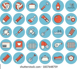 Thin line blue tinted icon set - paint brush flat vector, stationery knife, saucepan, meat hammer, cookbook, blender, ketchup, shovel, radiator, barcode, pencil, stapler, satellit, whistle, pills